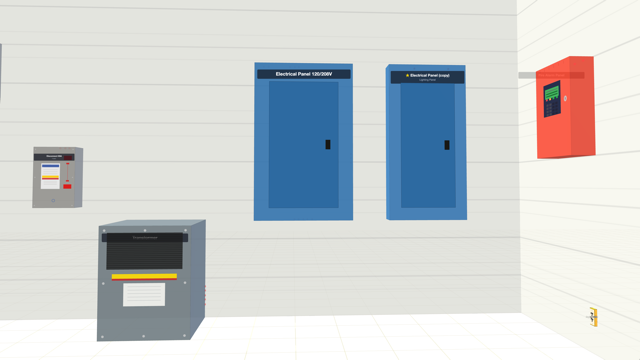 A 3D view of an electrical room with panels placed on a wall, knockout dots visible on the front face.
