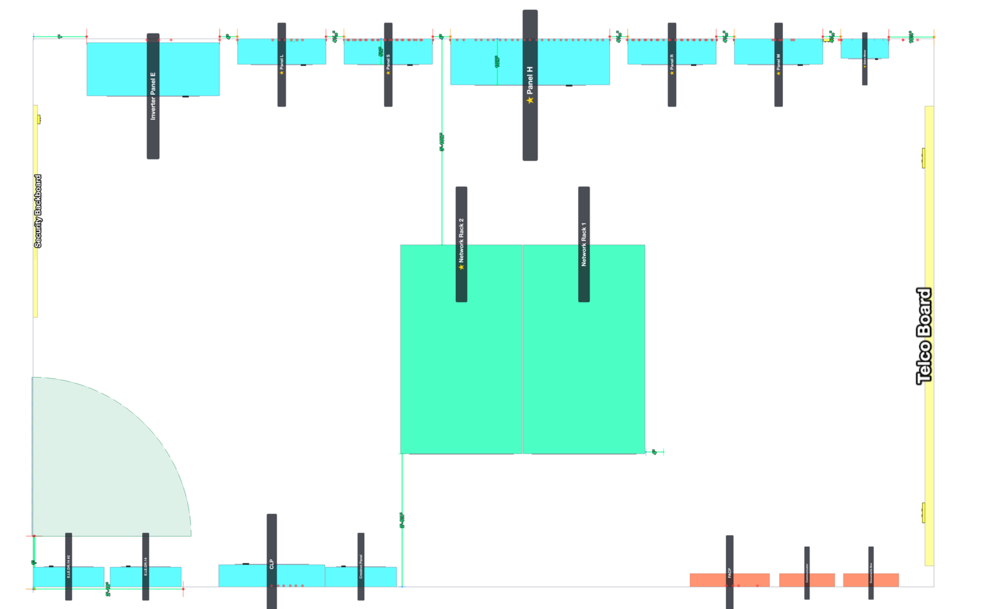 A top-down plan view of an electrical room showing panels, conduit routes, and dimensions.