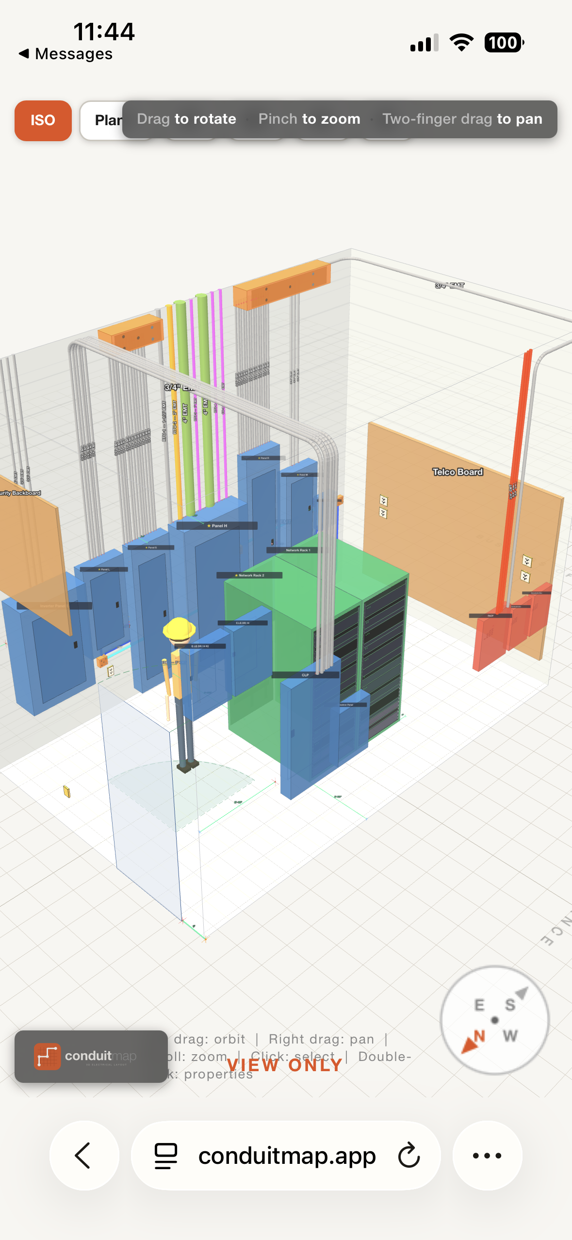 An iPhone screen showing a 3D electrical room with panels and conduit, with a 'View Only' badge at the top.